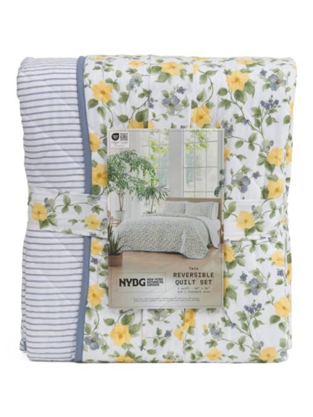 NEW YORK BOTANICAL GARDEN Reversible Floral Quilt Set With Stripes - Picture 1 of 5